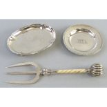 A Victorian bread fork and two various pin trays,  the fork with spherical terminal and ivory-type