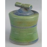 Jane Hamlyn, a green and blue salt glazed stoneware storage jar and cover with cylindrical knop,