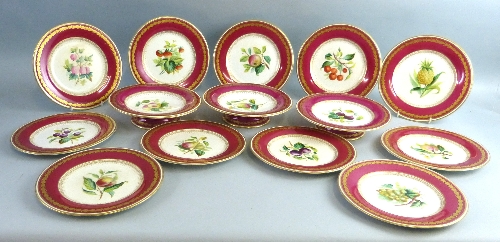 A 19th century dessert service, comprising three tazzas and eleven 23cm plates each painted to the