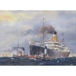 Keith Glen (20th century), study of the steam ship "City of Baroda" (?), towed by two tugs, probably