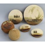 Paul Gooderham, four graduated circular wall plaques depicting landscape scenes mounted on plywood