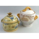 Alan Darvill, a stoneware casserole and lid of bulbous two handled form with white tin glaze, 26.5cm