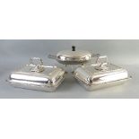 A pair of entree dishes and covers,  each of rounded oblong form with gadrooned rims and removable