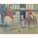 Early 20th century English School, two huntsmen on horseback in front of a tavern, watercolour