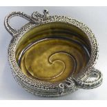Walter Keeler,  a salt glazed dish of oval two handled form with mottled grey/green finish,
