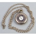 A late Victorian half hunting cased fob watch, having enamelled dial with Roman numerals in silver