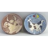 Tessa Fuchs, two earthenware bowls, one painted with a cow on a blue ground, the other with a cows