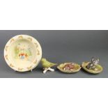 A Royal Doulton Bunnykins babies dish decorated by Barbara Vernon and 3 bisque aninal figures