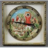 An 8 day Swiss bedroom timepiece contained in a metal easel frame, the dial decorated a hunting