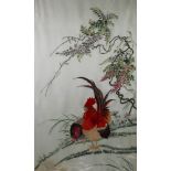 Japanese embroideries, a pair, 20th Century studies of birds amongst exotic flowers 27" x 16" Both