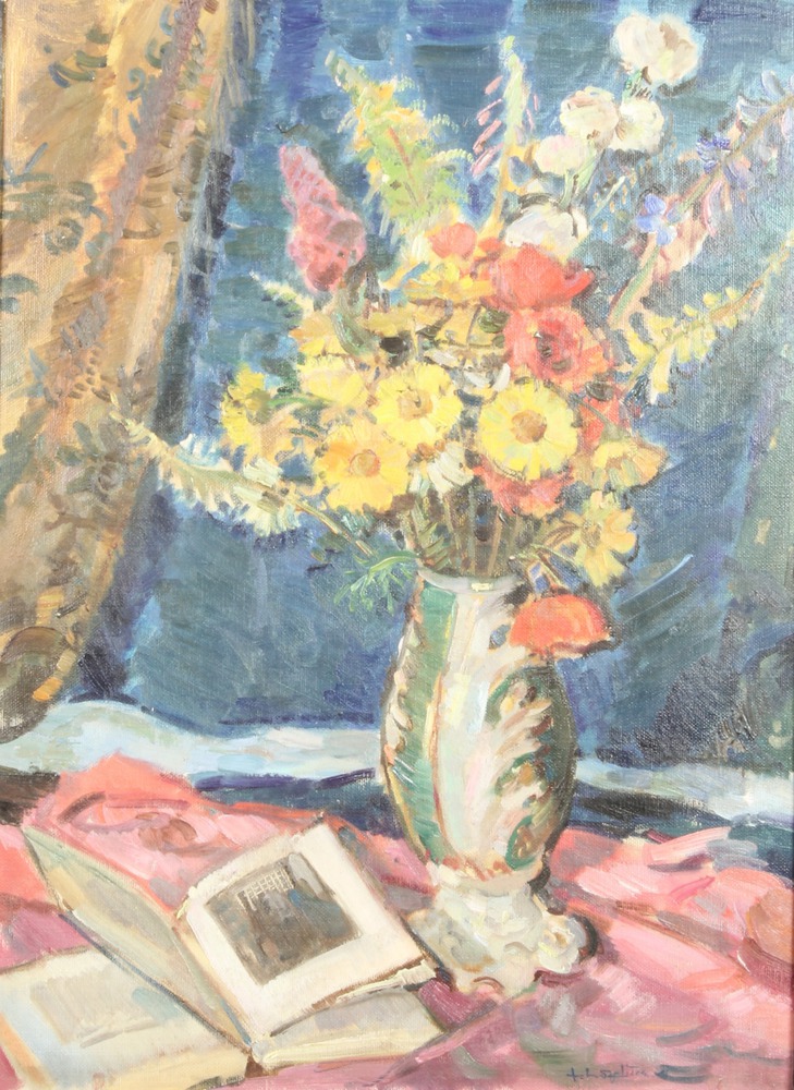 20th Century oil painting on board, still life study of a vase of flowers and an open book on a