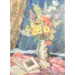 20th Century oil painting on board, still life study of a vase of flowers and an open book on a