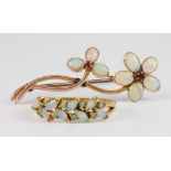 An Edwardian gold opal and ruby set floral bar brooch, a gem set ring size S 1/2