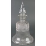 A 19th Century cut glass bell shaped decanter with faceted tapered stopper 16"