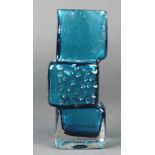 A Whitefriars turquoise glass drunken bricklayer vase 8"