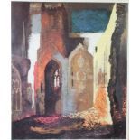 John Piper, print, ruined church view, unsigned 23" x 19 1/2"
