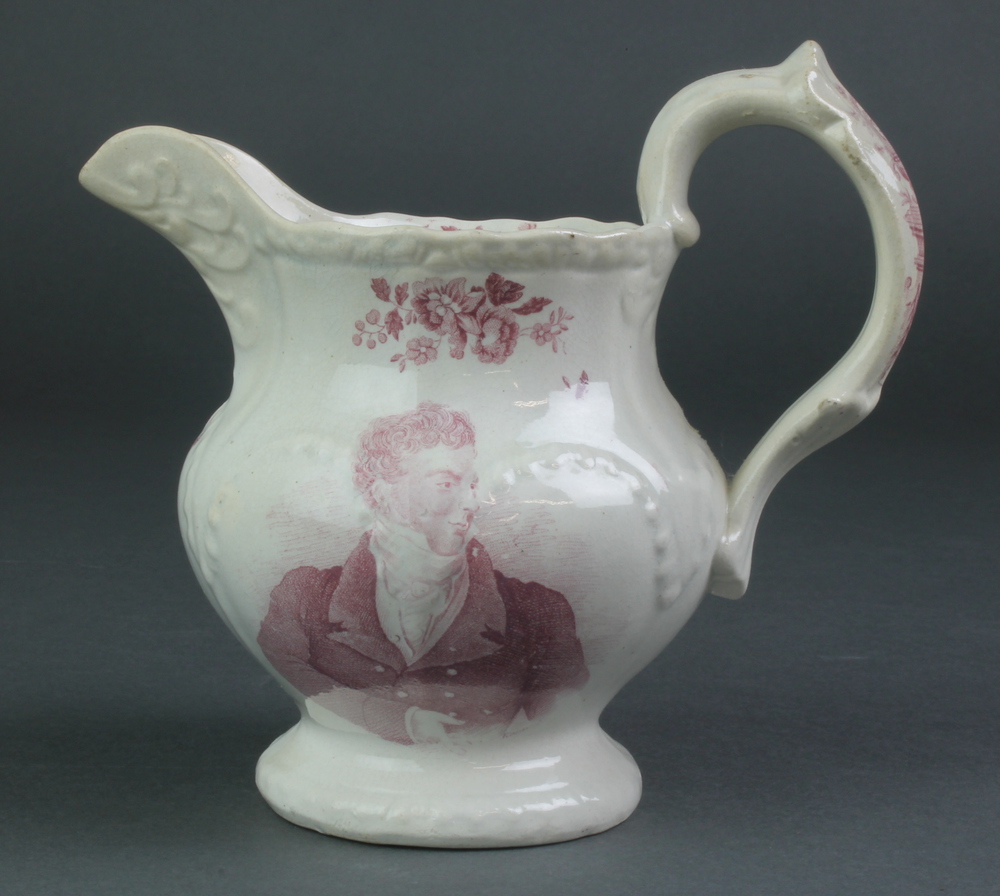 An early 19th Century Staffordshire commemorative reform jug with purple transfer print decoration