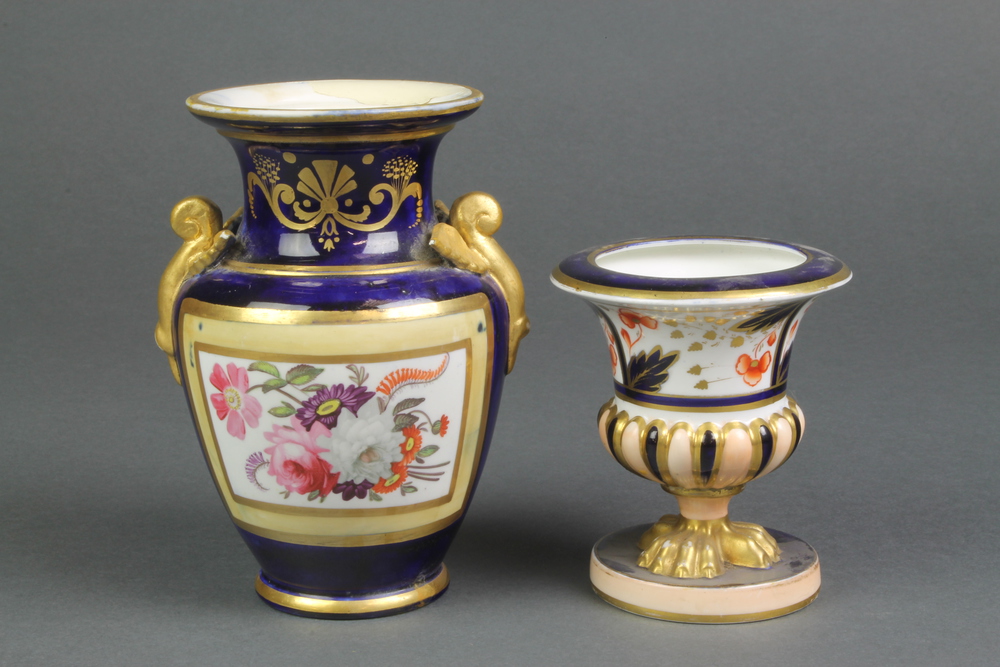 A Davenport Imari pattern urn 3 1/2" and a Paris porcelain vase decorated with panels of flowers 5