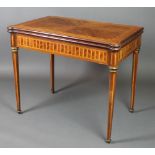 A French inlaid Kingwood card table with three-quarter veneered top and satinwood stringing,