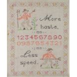 An early 20th Century sampler with script, numbers and figures in a geometric border