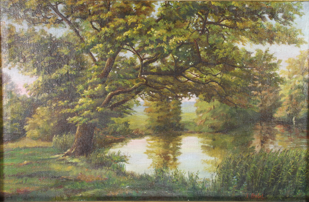 J. Obrlel, oil on canvas, a river landscape with trees, indistinctly signed, 22 1/2" x 34"