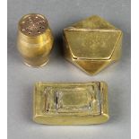 A 19th Century rectangular tobacco box with hinged lid 2 1/2", a shaped brass snuff box 2" and a