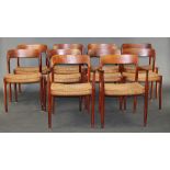 In the manner of K Moller, a set of 10 1960's teak bar back dining chairs with woven rush seats