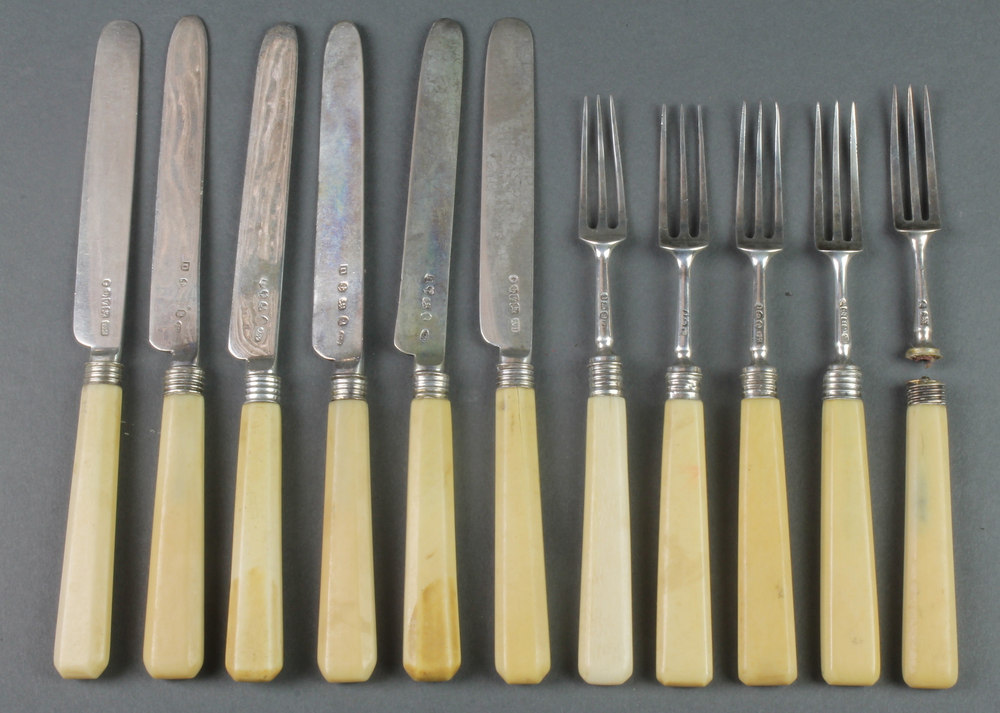 6 Georgian and Victorian silver bladed dessert knives and 5 forks1 fork is broken