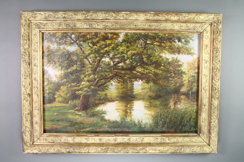 J. Obrlel, oil on canvas, a river landscape with trees, indistinctly signed, 22 1/2" x 34" - Image 3 of 3