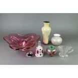 A cut glass jug 4", a free form bowl, 2 paperweights, 2 vases and a Bohemian bell