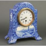 A Rhein ceramic mantel timepiece decorated with Continental landscape views 10"