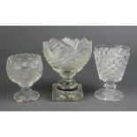 A 19th Century cut glass pedestal bowl 7", a small ditto 5" and a goblet 5 1/2"