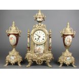 A 20th Century 8 day 3 piece clock garniture contained in a "porcelain" and gilt metal case