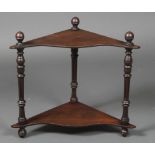 A Victorian mahogany 2 tier hanging corner what-not 15"h x 19" x 10" with later plywood shelves