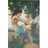 20th Century oil on canvas, a romantic study of a semi-clad lady and a cherub in a Continental