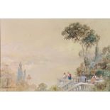 Andrea Vasaic, watercolour, a Continental lakeside scene with figures on a balcony, signed 11 1/2" x