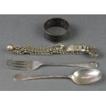 A silver napkin ring, spoon and fork, a plated bracelet