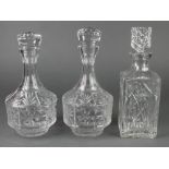 A cut glass mallet shaped decanter and stopper 11" and 2 others