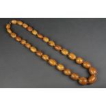 A good single row amber necklace of 29 graduated butterscotch coloured barrel and flattened barrel