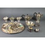 A silver plated 4 piece pedestal tea and coffee set, minor plated items