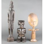 3 African carved figures of standing warriors 16", 12" and  9"