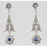 A pair of 18ct white gold sapphire and diamond drop open earrings