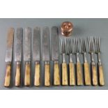 4 pairs of dinner knives and forks with horn handles and steel blades together with a copper salt