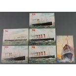 Lusitania, a postcard the reverse marked Cunard Line together with 2 JBW coloured postcards of the