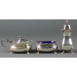 A 3 piece silver condiment with gadroon rim on paw feet, Sheffield 1936 and 1938, 196 grams