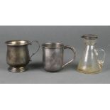 2 silver mugs and a silver mounted oil bottle 146 grams