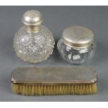 A silver mounted bulbous scent with Reynolds Angels lid, a silver mounted jar and a brush