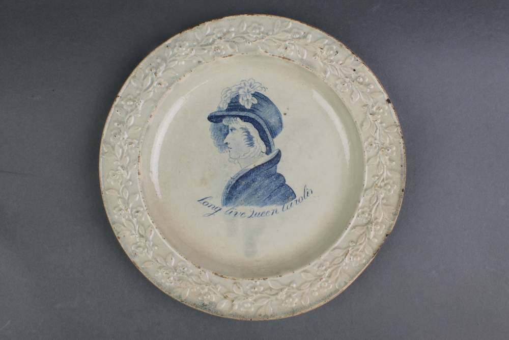 A rare early 19th Century creamware commemorative dish - Long Live Queen Caroline, the blue transfer