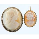 A 9ct gold portrait cameo brooch, a gilt ditto