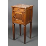 A 19th Century French oak bedside cabinet with pink veined marble top fitted a drawer above a